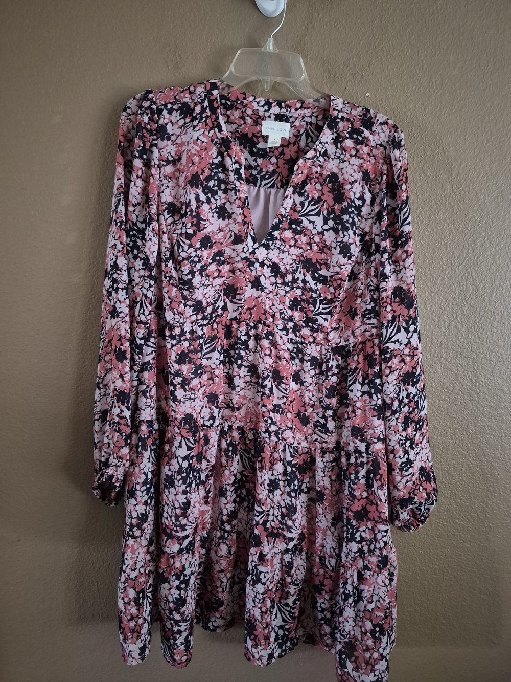 Caslon Dress Size L Floral Pink and Black Long-Sleeve Tiered Dress